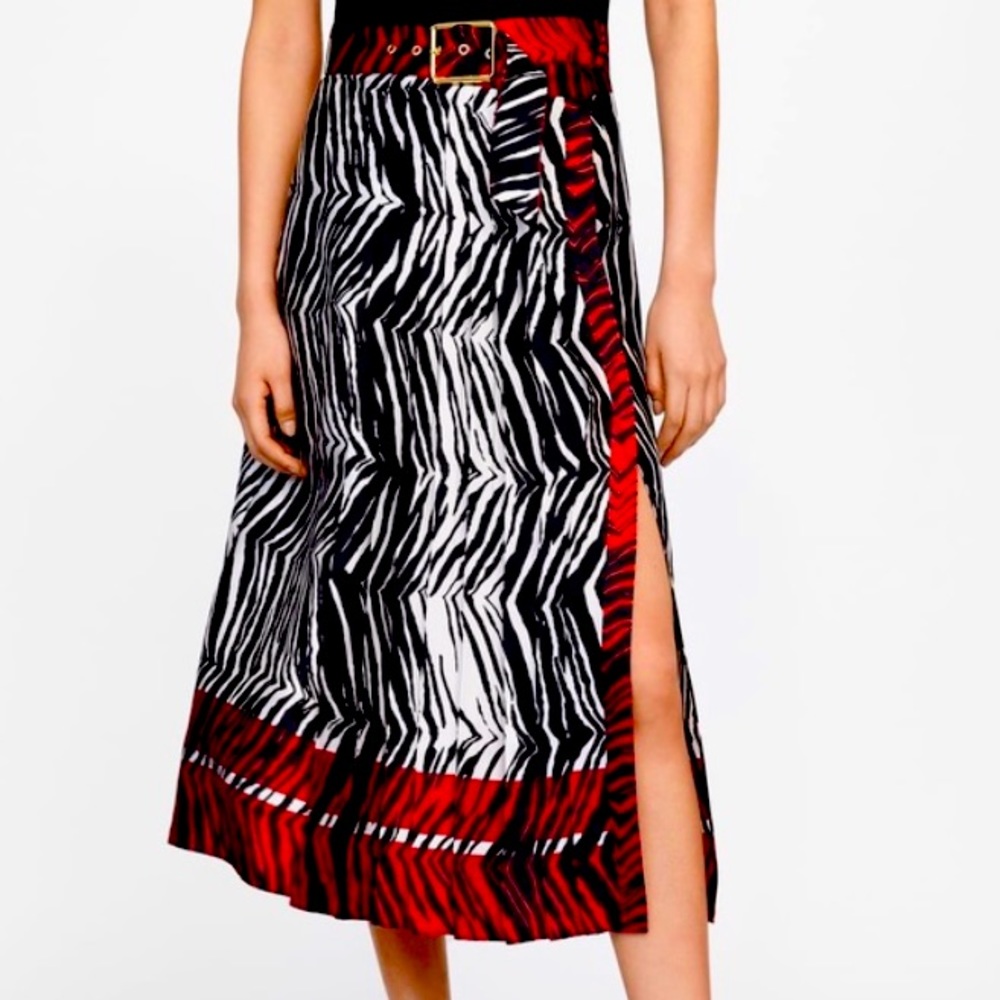 Zara Animal Print Pleated Silk Midi Skirt